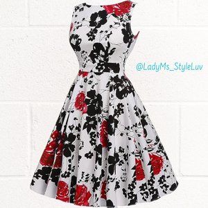 Women's Fit and Flare Floral Midi Swing Dress Rockabilly Cocktail Party